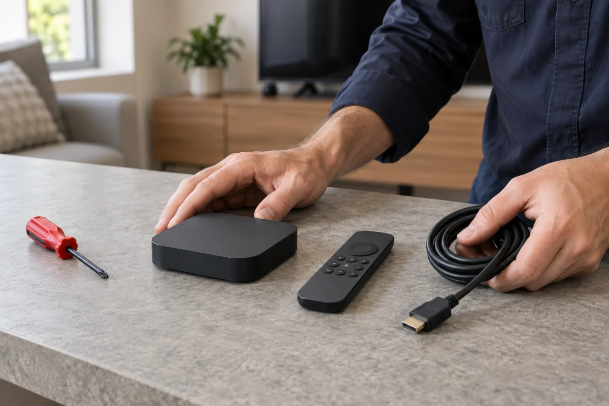 Un instalador organiza equipos de streaming y cables sobre una mesa de trabajo