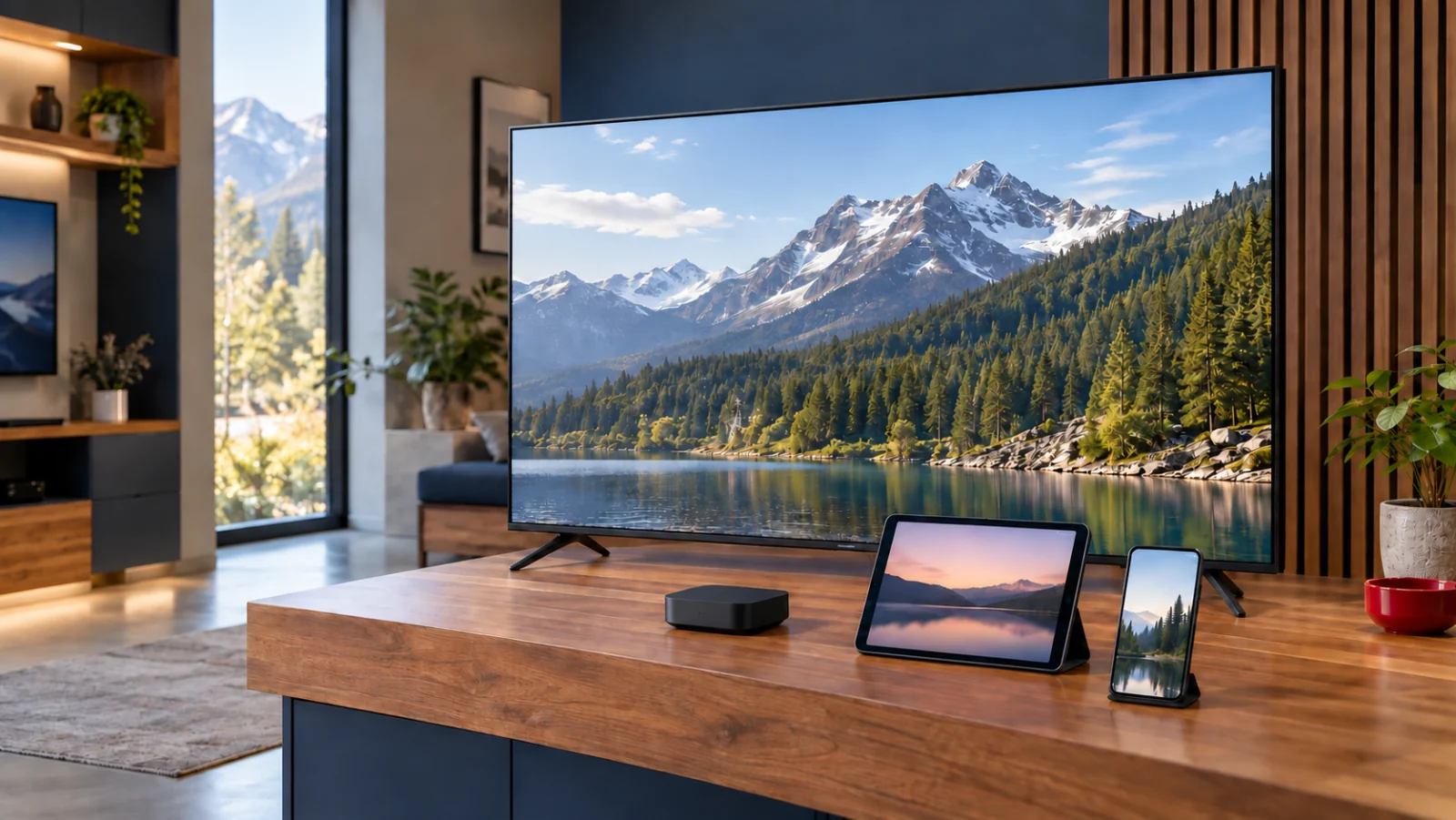 Un televisor y dispositivos de streaming en un espacio comercial contemporáneo