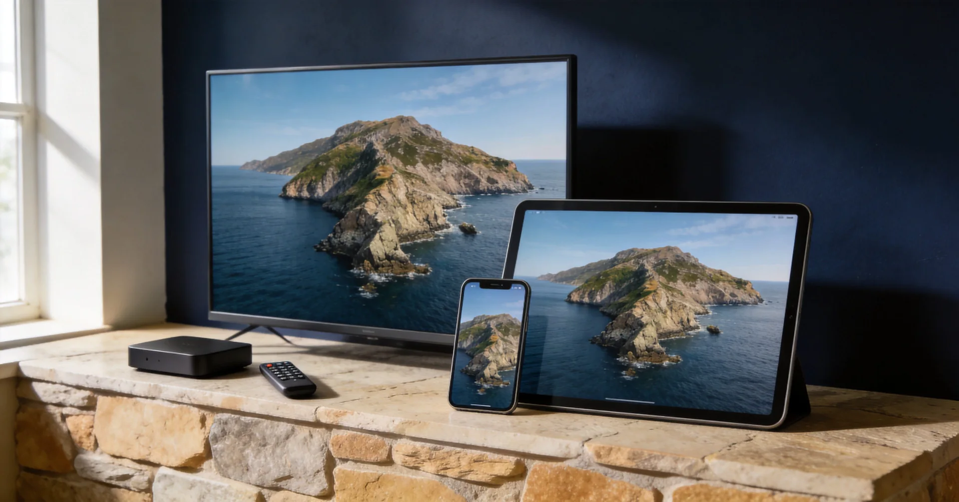 Television, tablet and phone arranged on a console