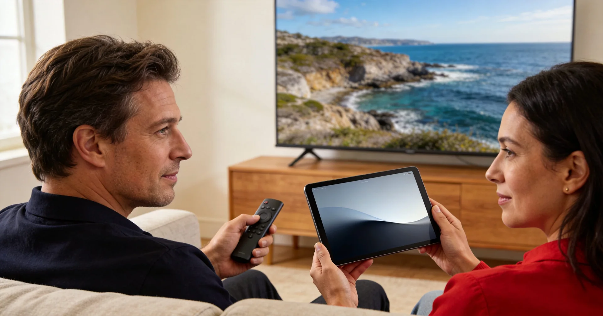 Two people checking their television setup