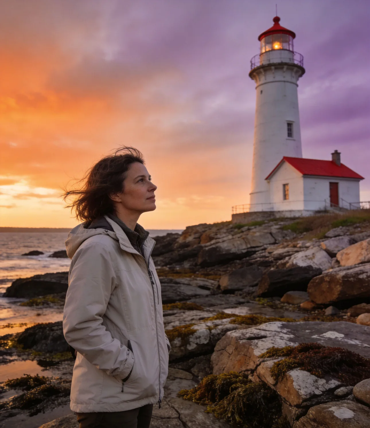 A traveller beside a coastal lighthouse