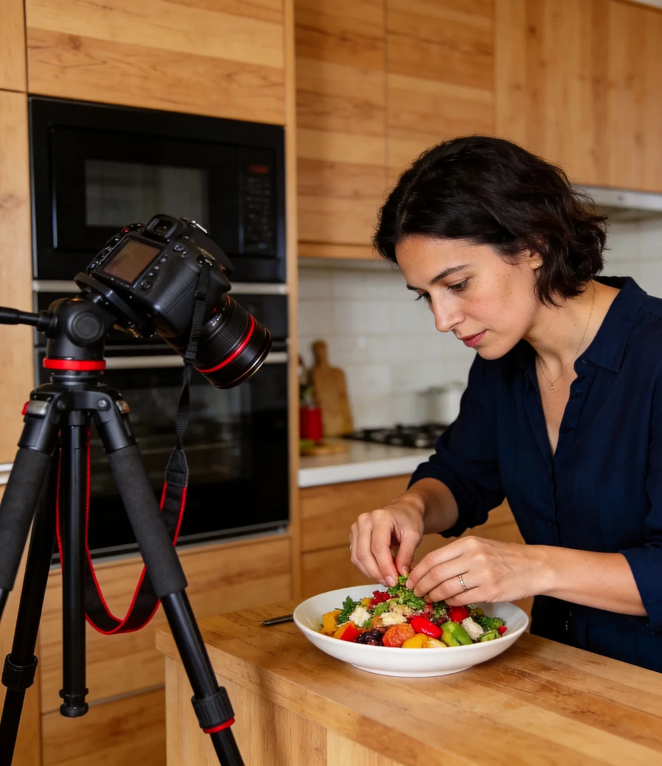 A creator filming a meal in a home kitchen