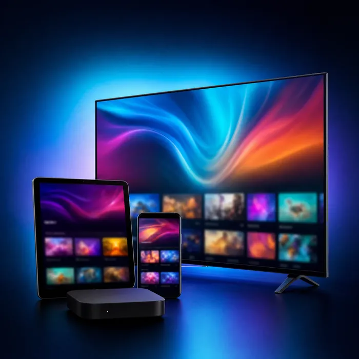 Television and mobile devices showing a fictional IPTV interface